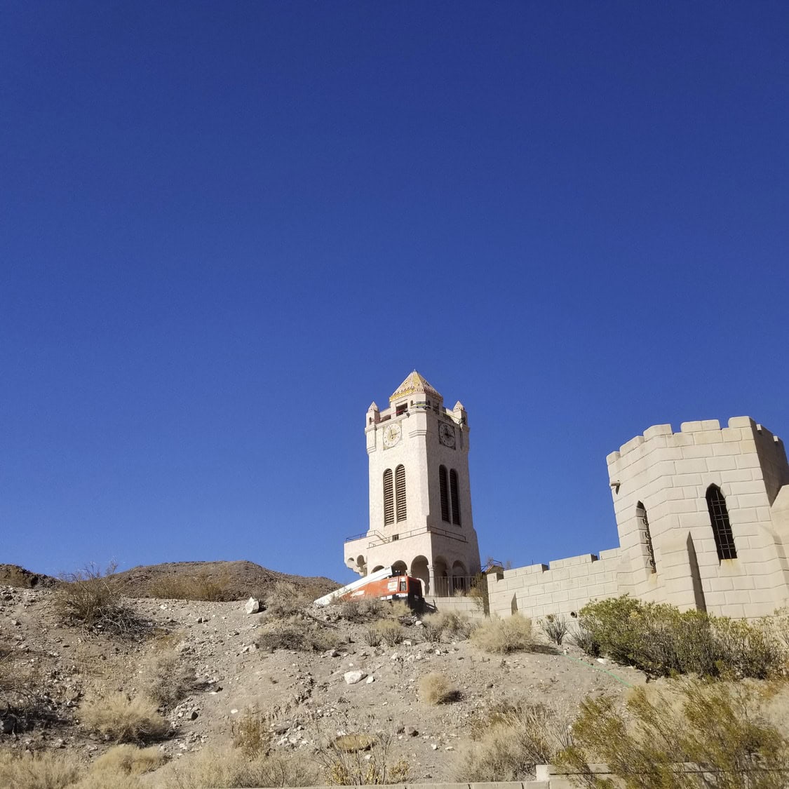 Ground view of Chimes Tower repair at Scotty's Castle.